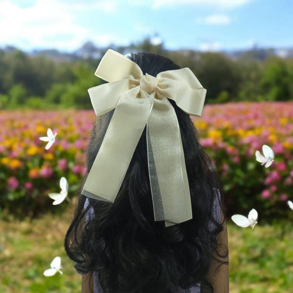 Buttercream Bliss Hair Bow – Elegant Vintage Satin Ribbon Hair Accessory for Girls & Women