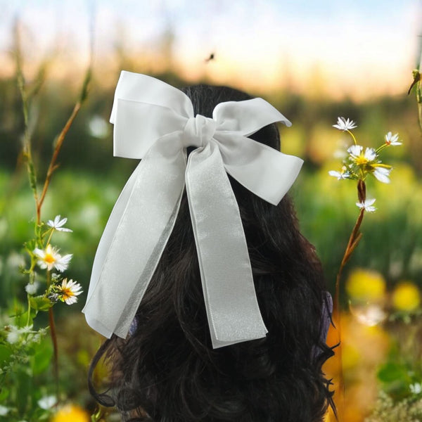 White Blossom Hair Bow – Elegant White Satin Ribbon Hair Accessory for Girls & Women